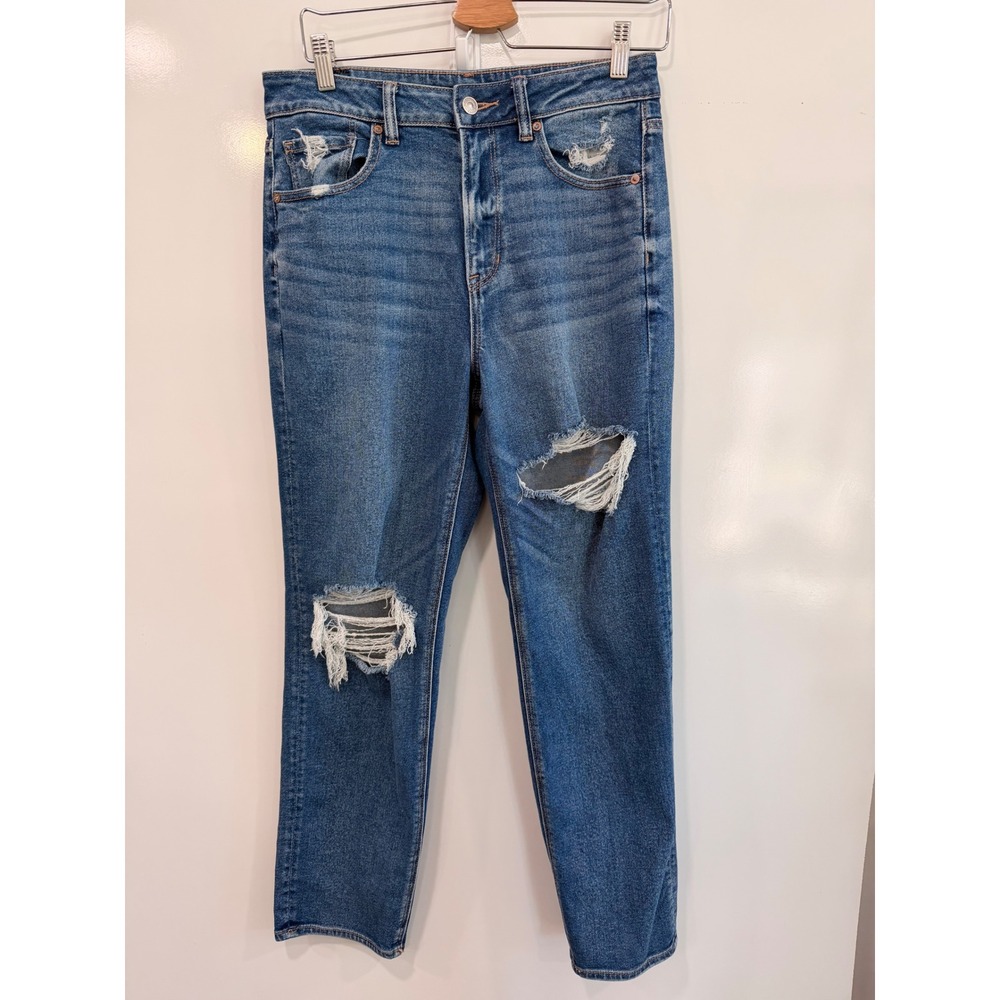 American Eagle Mom Straight Jeans Womens 8 Long Distressed Medium Wash Denim
